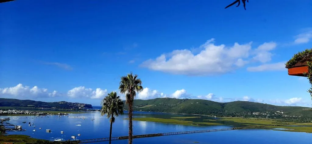 Scenic lagoon view with moored boats, palm trees, and green mountains
