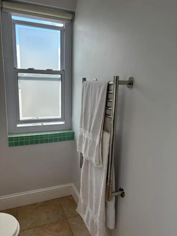 Bathroom with towel rack, window with green tile trim, and neutral walls