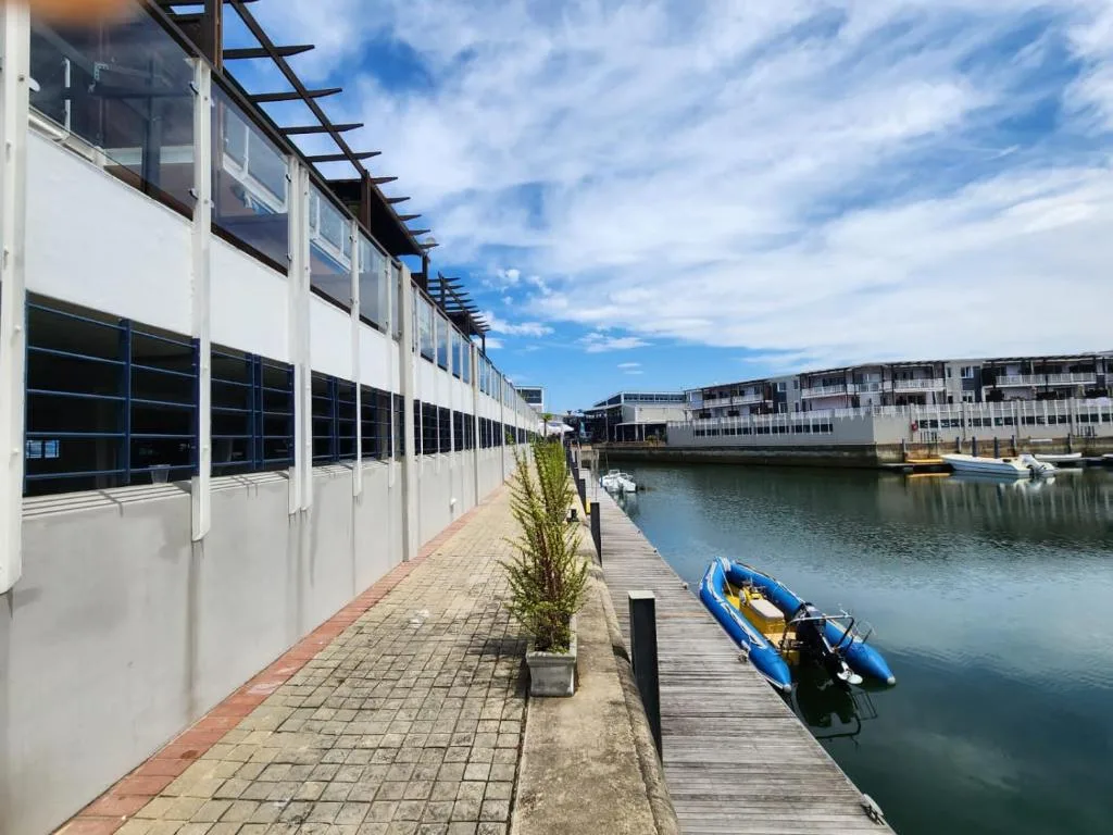 Waterfront view of Knysna lagoon with boats and modern residential buildings