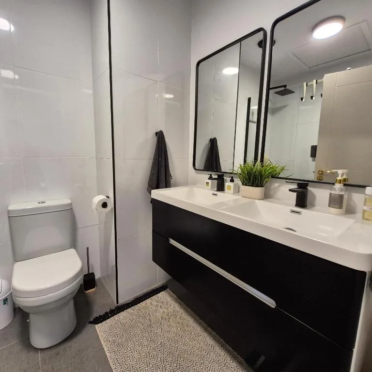 Modern bathroom with black vanity, dual mirrors, and walk-in shower enclosure