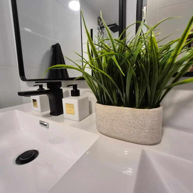 Modern bathroom vanity with black faucet, white toiletries, and green plant decoration