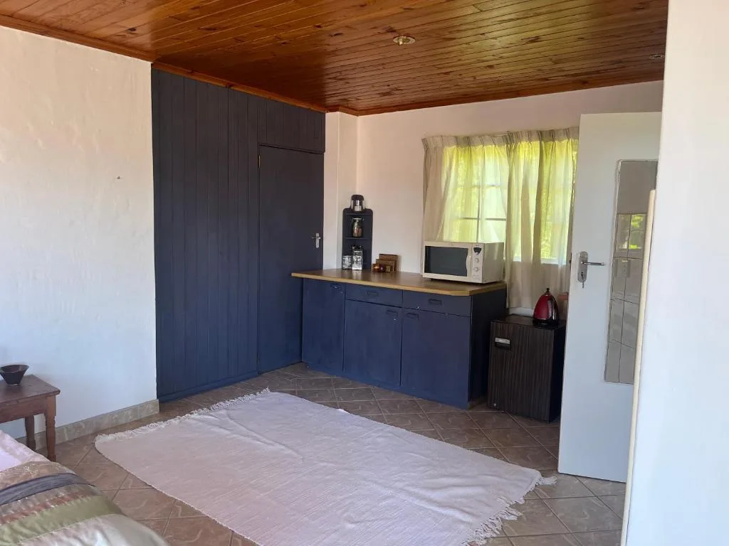 Studio bedroom with dark blue cabinetry, wooden ceiling, and kitchenette