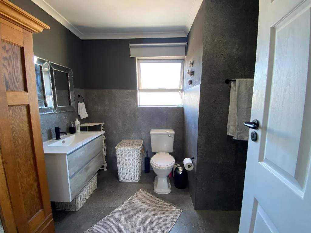 Modern bathroom with vanity, toilet, and dark tile walls