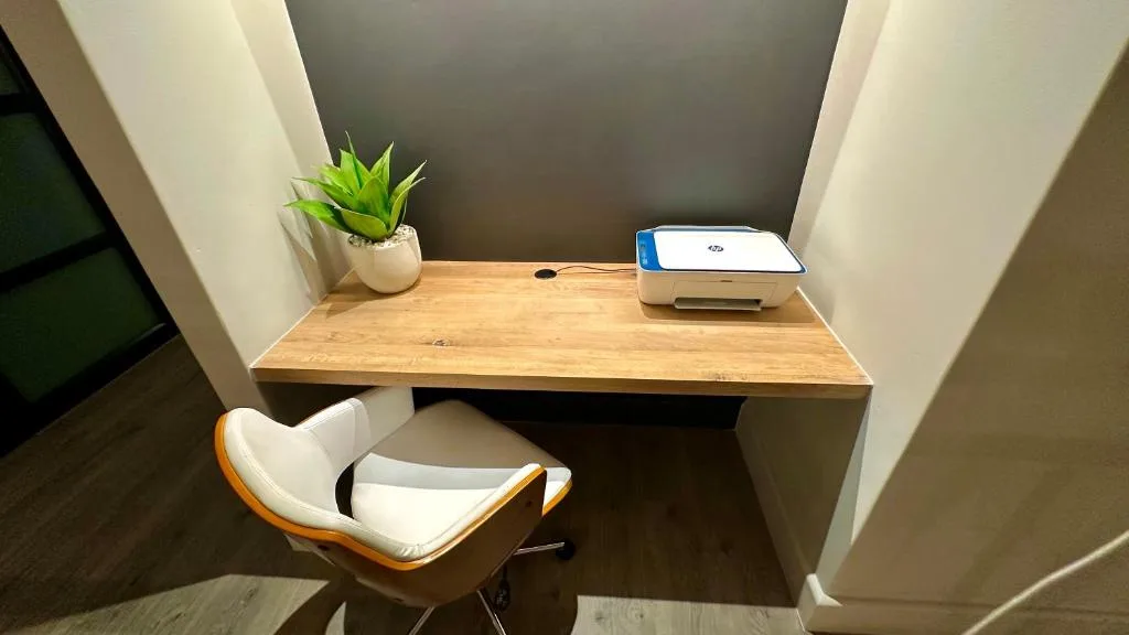 Wooden desk with printer, succulent plant, and modern chair