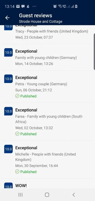 Guest reviews page showing exceptional ratings for Strode House holiday accommodation