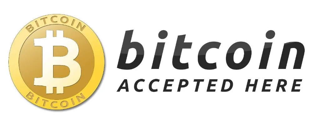 Bitcoin accepted here sign with gold coin logo