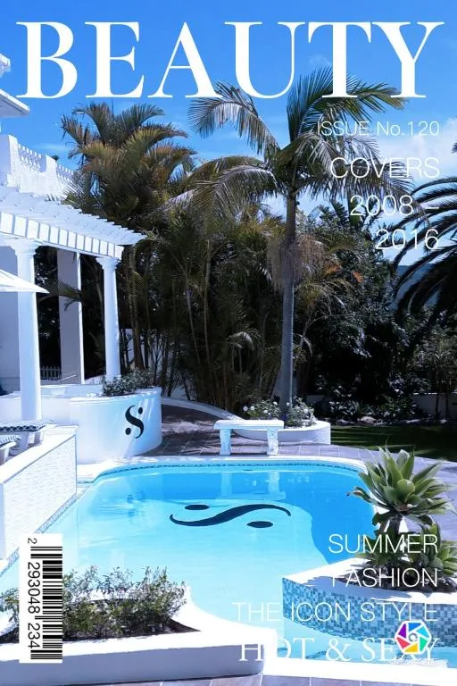 Bright blue swimming pool with palm trees and modern white building exterior