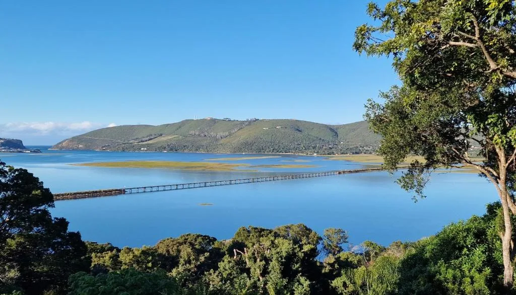 Knysna lagoon with long wooden bridge and forested hillside landscape