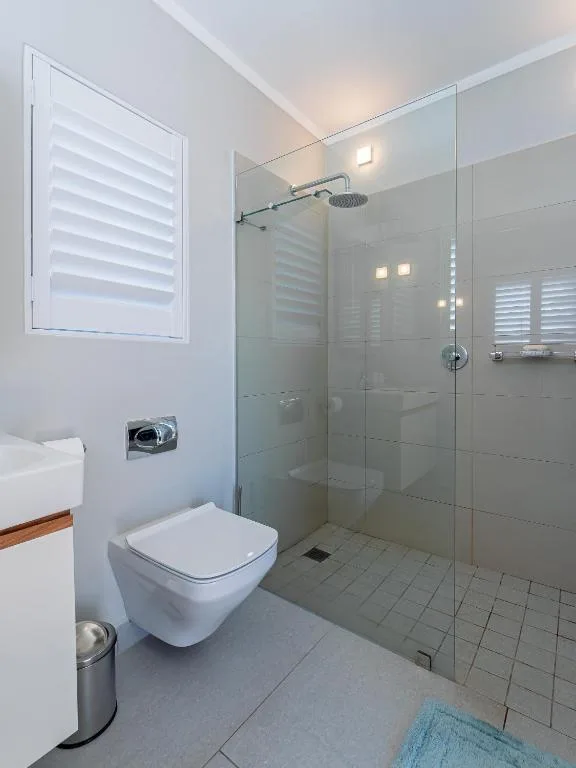Modern bathroom with walk-in shower, toilet, and white shuttered window
