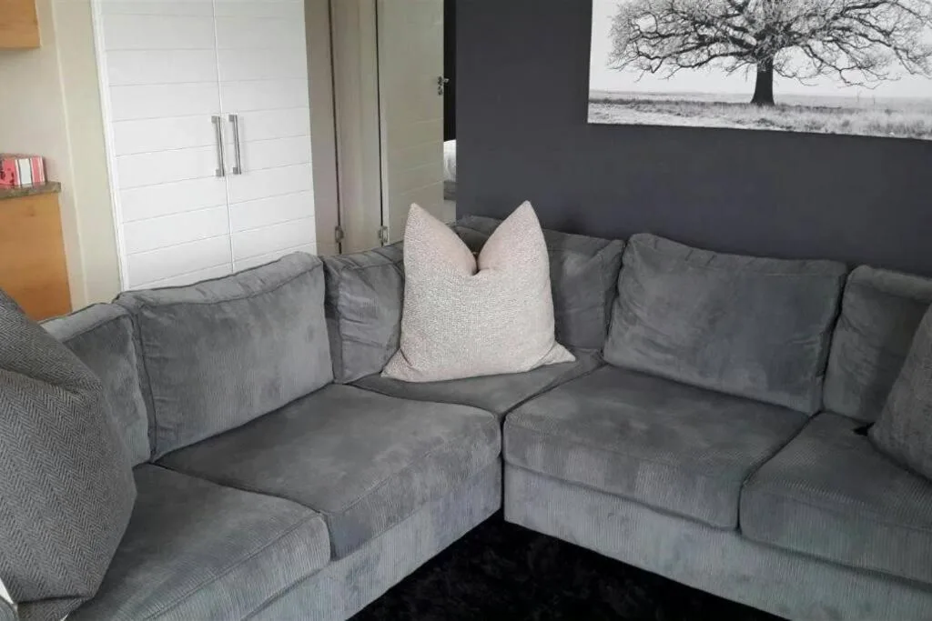 Modern gray corner sofa with cushions in contemporary lounge area