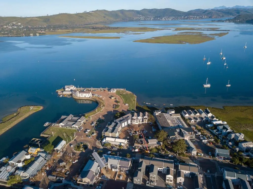 Aerial view of Knysna Heads lagoon with islands and sailboats
