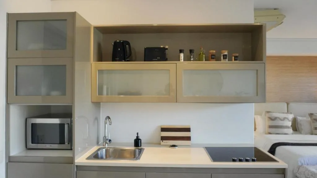 Modern kitchenette with integrated appliances and storage cabinets