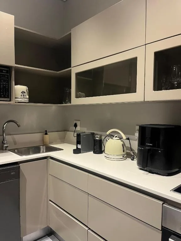 Modern kitchen with white cabinetry, stainless steel sink, and appliances
