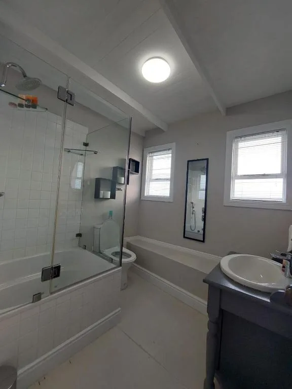 Modern bathroom with glass shower enclosure, vanity sink, and bright skylights