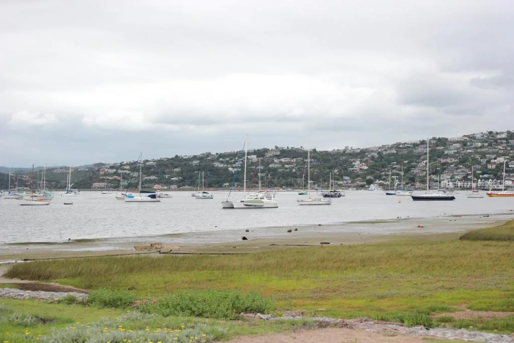 Scenic lagoon view with moored sailboats and hillside homes beyond