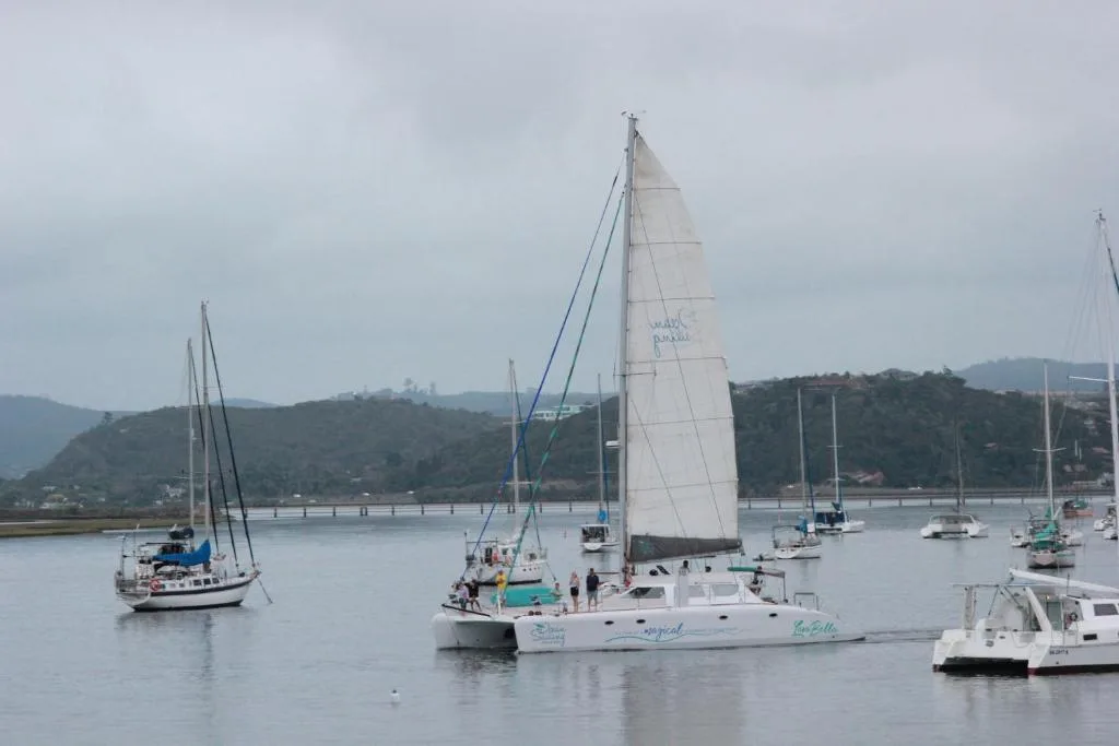Scenic waterfront view of Knysna lagoon with sailboats and forested hills