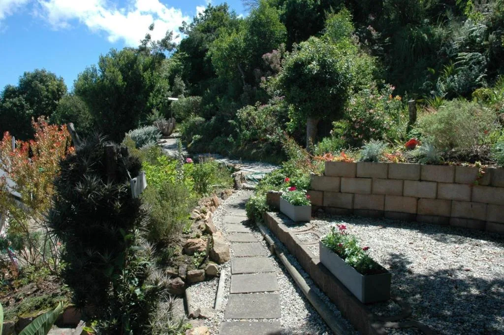 Lush garden pathway with flowering plants and mature trees lining the walkway