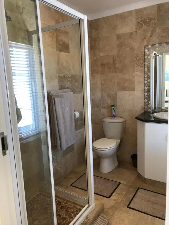 Modern bathroom with walk-in shower, toilet, and vanity sink