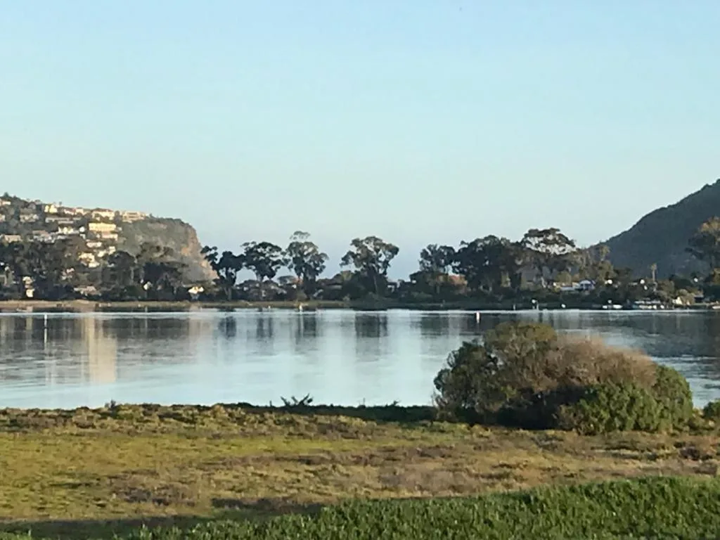 Serene lagoon view with mountains and waterfront properties across the water