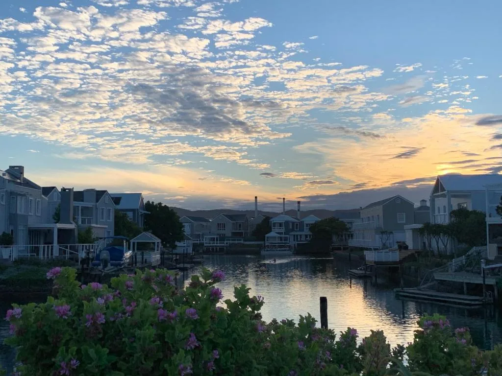 Waterfront canal at sunset with flowering gardens and residential buildings