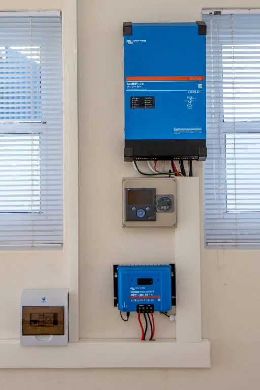 Solar power inverter and control panels mounted on interior wall
