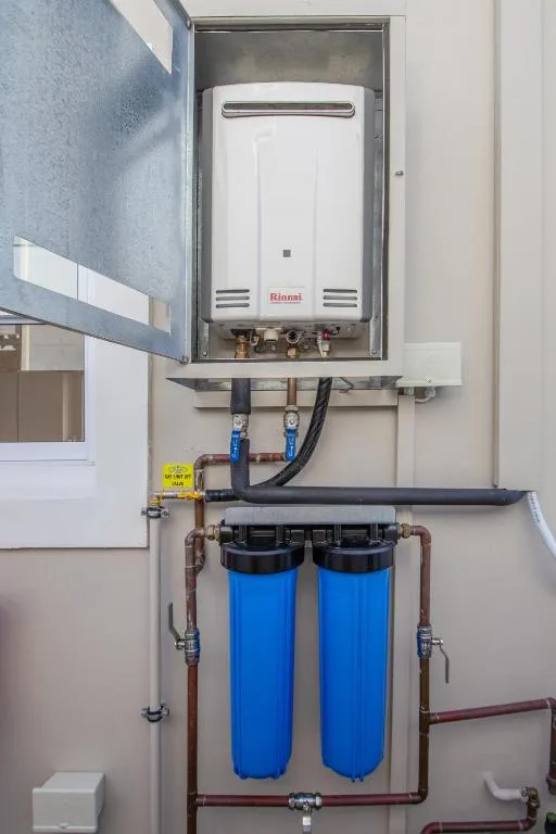 Rinnai water heater and blue filtration system mounted on wall
