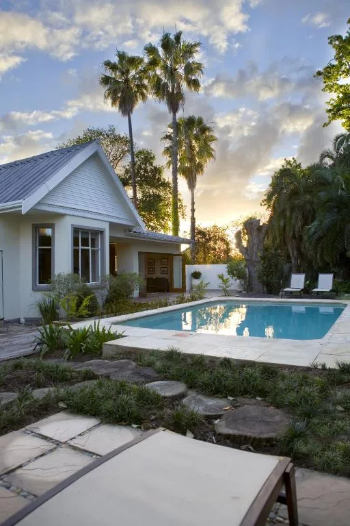 Modern white holiday home with sparkling blue swimming pool and palm trees