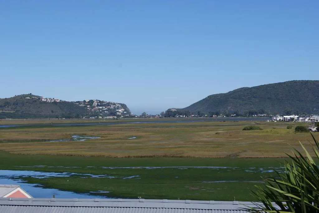 Scenic lagoon view with forested hills and Knysna townscape across water