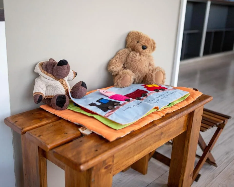 Teddy bears and colorful children's book on wooden table