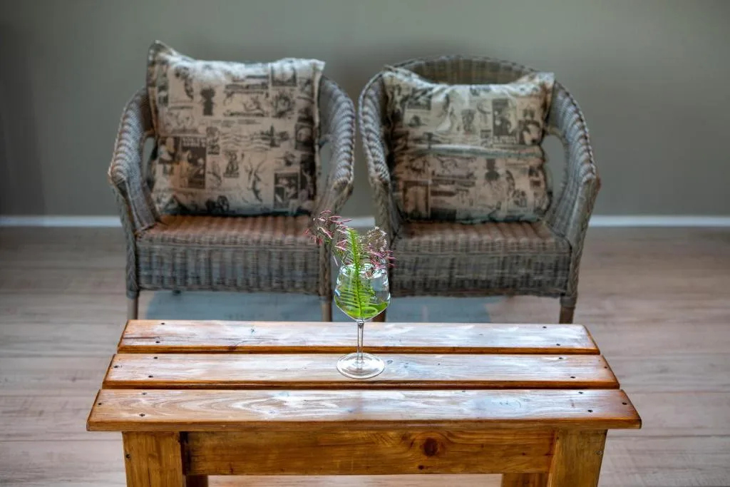 Two upholstered armchairs with patterned cushions facing wooden coffee table
