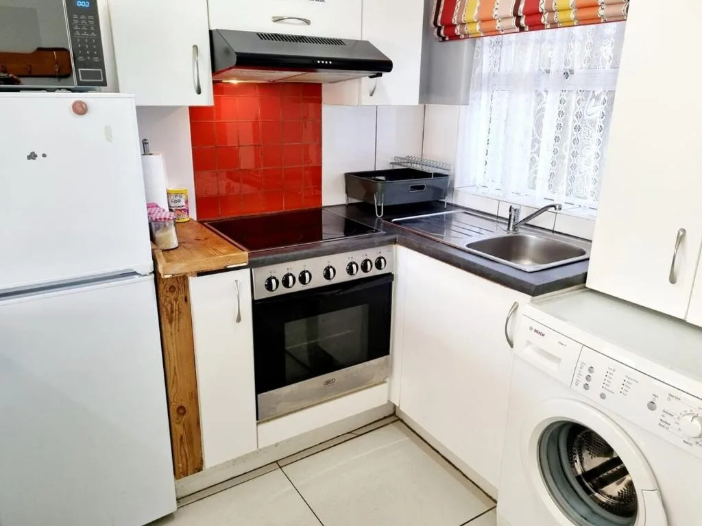 Compact kitchen with red backsplash, stove, sink, and washing machine