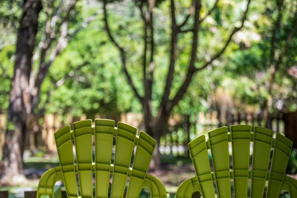 Green Adirondack chairs facing shaded garden with mature trees