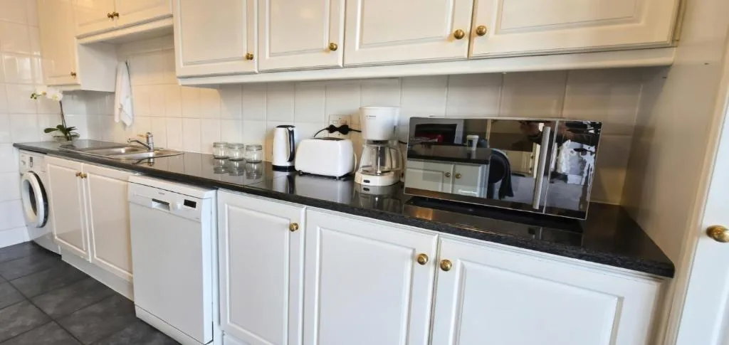Modern kitchen with white cabinetry, black countertops, and stainless steel appliances