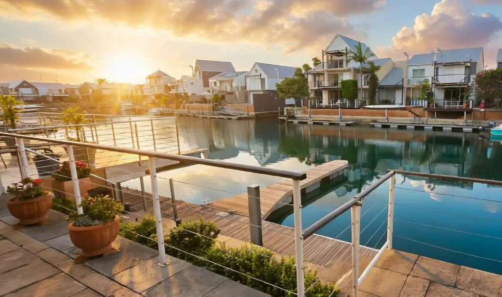 Waterfront homes at sunset with canal reflections and wooden deck