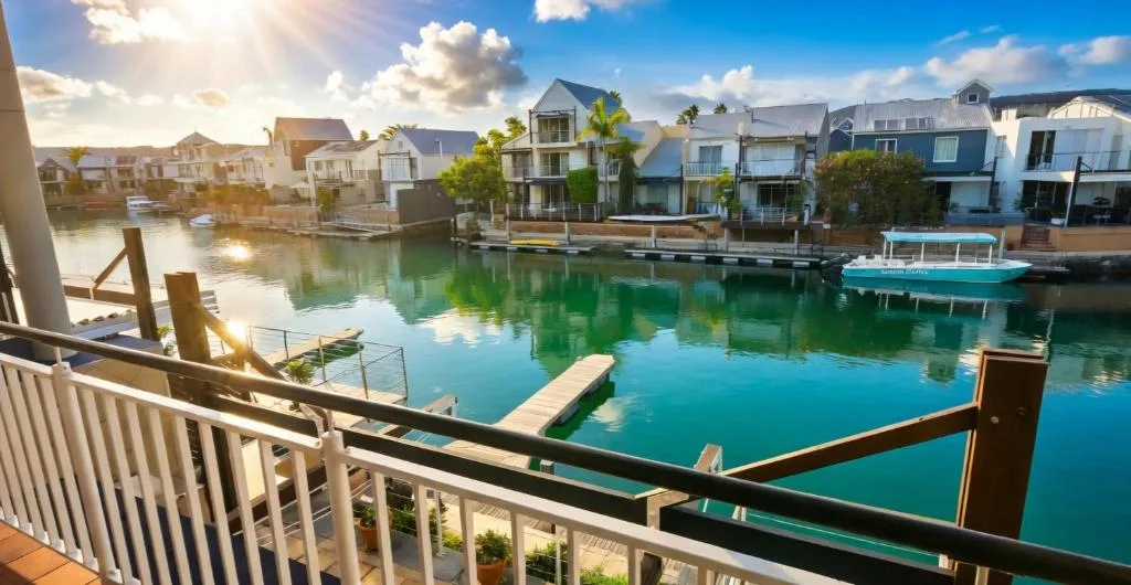 Turquoise lagoon waters with waterfront homes and moored boats