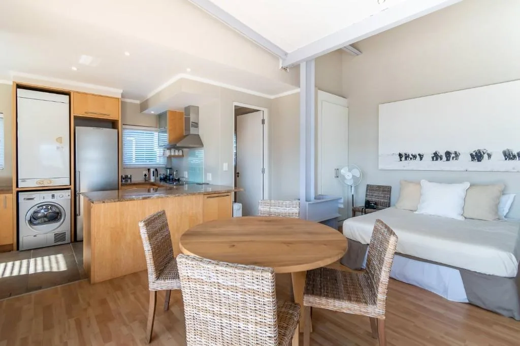 Open-plan studio apartment with kitchen, dining table, and bedroom areas visible