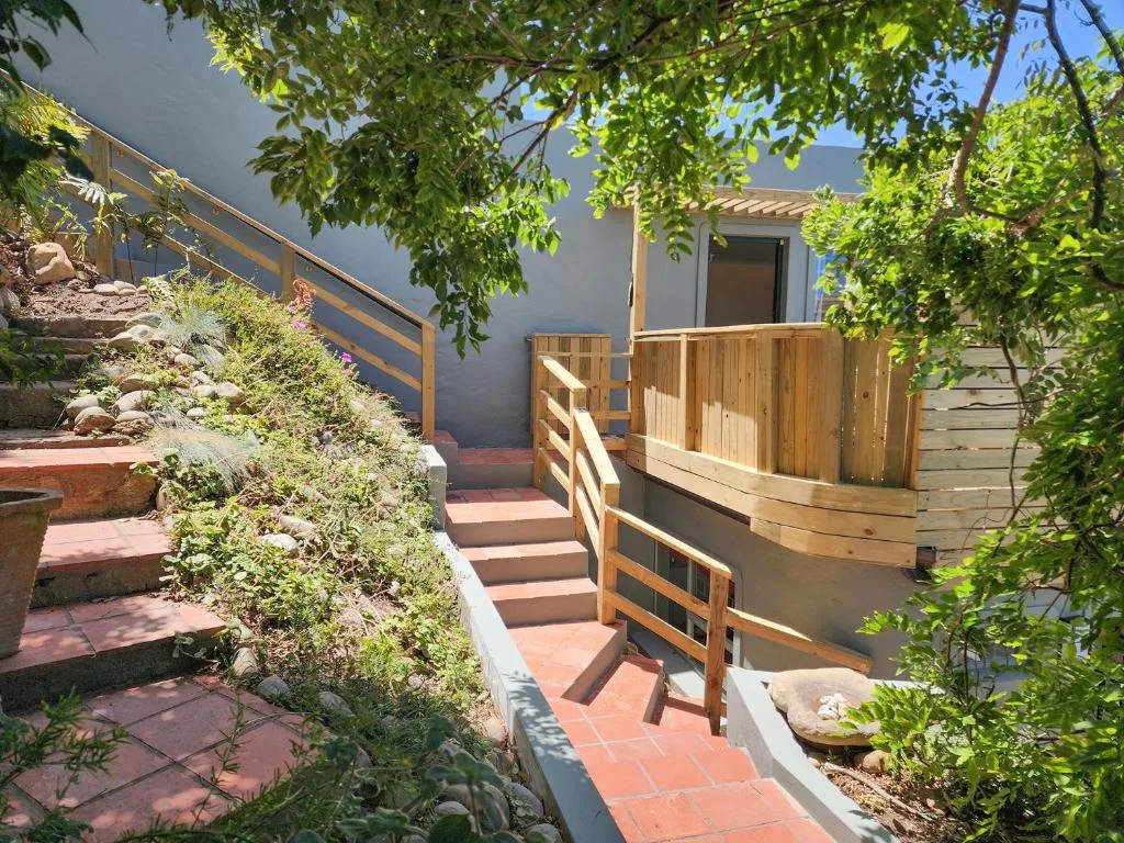 Wooden deck stairs and railings with lush green climbing vines overhead