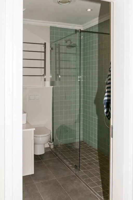 Modern bathroom with green tiled shower enclosure and toilet