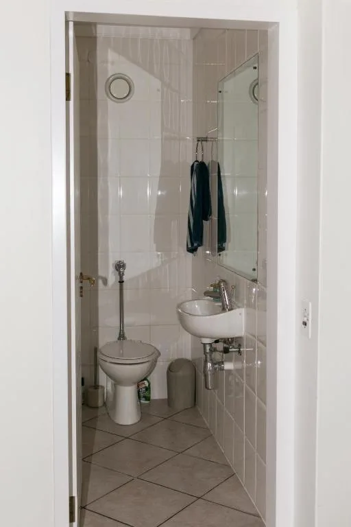 Modern bathroom with toilet, basin, shower enclosure and storage