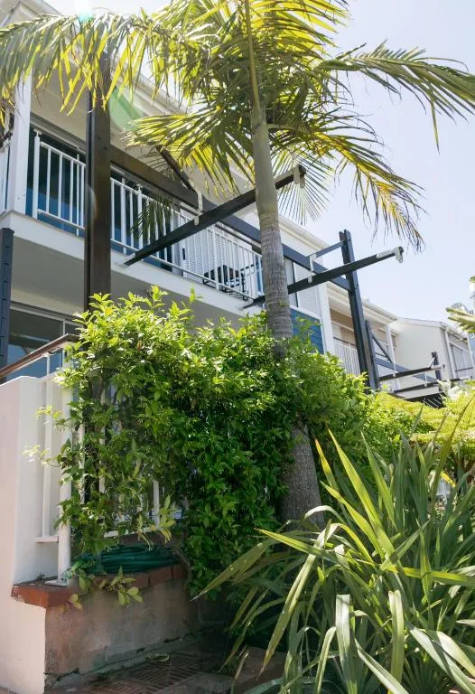 Modern waterfront house with palm trees and lush garden landscaping