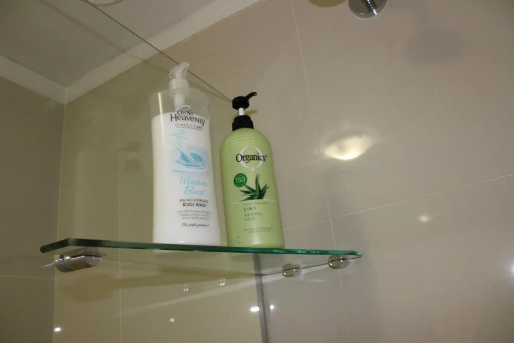 Bathroom shelf with premium toiletries and organics body products