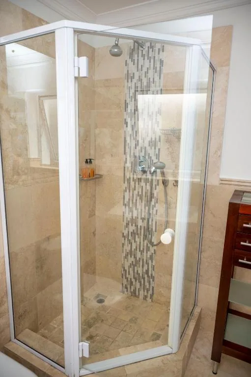 Modern walk-in shower with glass enclosure and mosaic tile accent