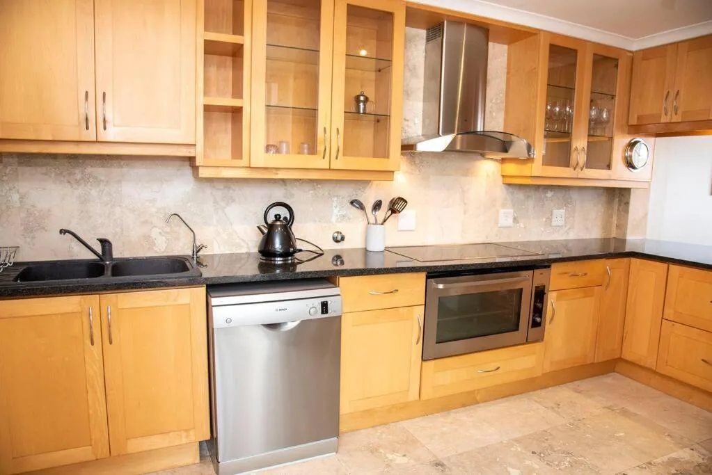 Modern kitchen with honey wood cabinetry, black countertops, stainless steel appliances