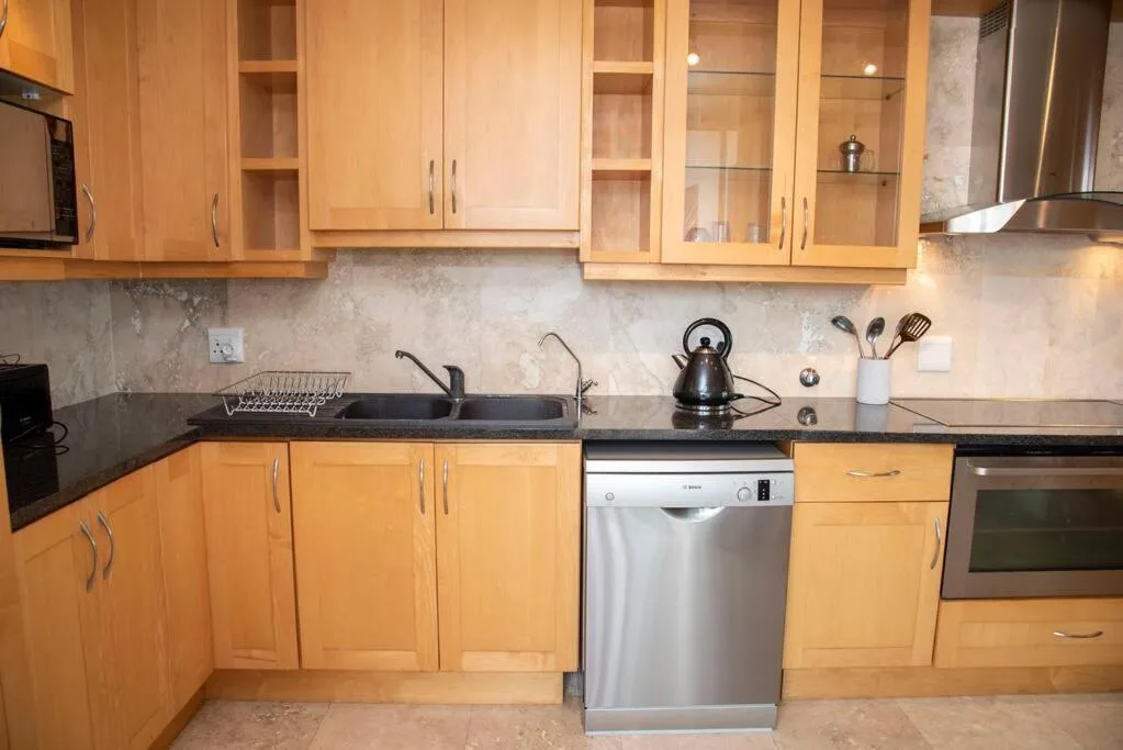 Modern kitchen with wooden cabinets, black countertops, and stainless steel appliances