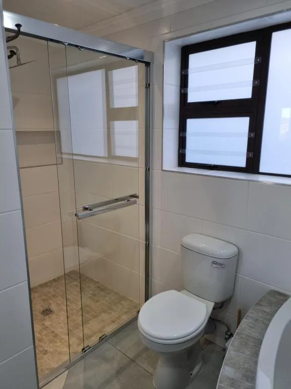 Modern bathroom with enclosed shower, toilet, and window overlooking ocean