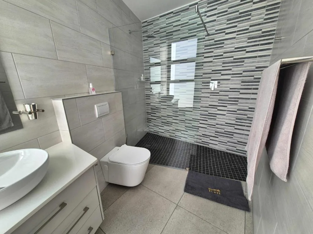 Modern bathroom with walk-in shower, vanity sink, and toilet