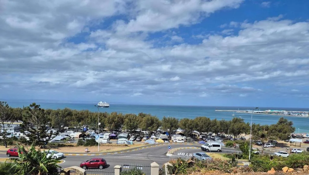 Ocean vista with cruise ship, coastal town, and harbor from elevated vantage point