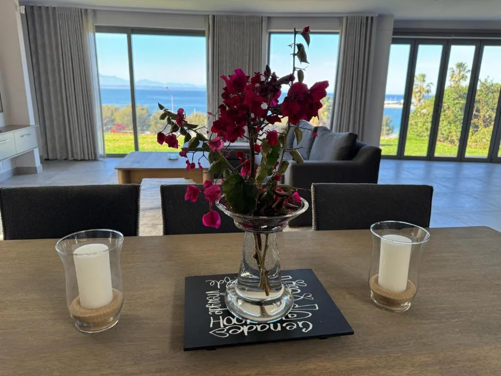 Dining table with ocean view through large windows and red flowers