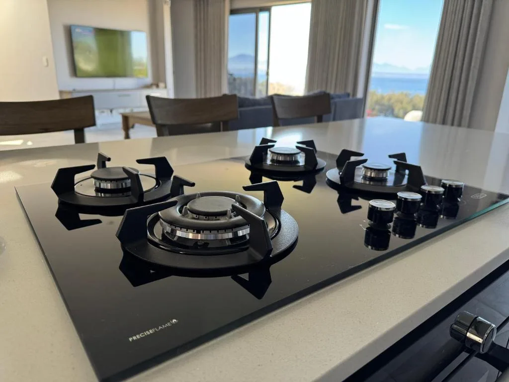 Modern black gas cooktop with ocean view through windows