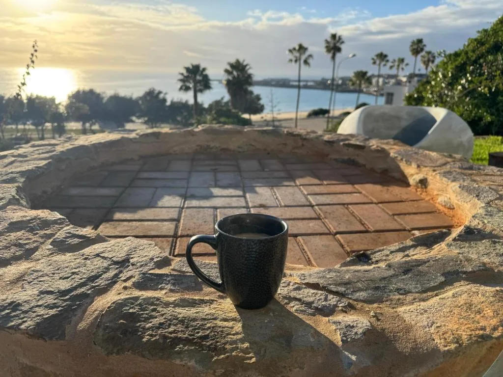 Morning coffee overlooking lagoon with palm trees and coastal town